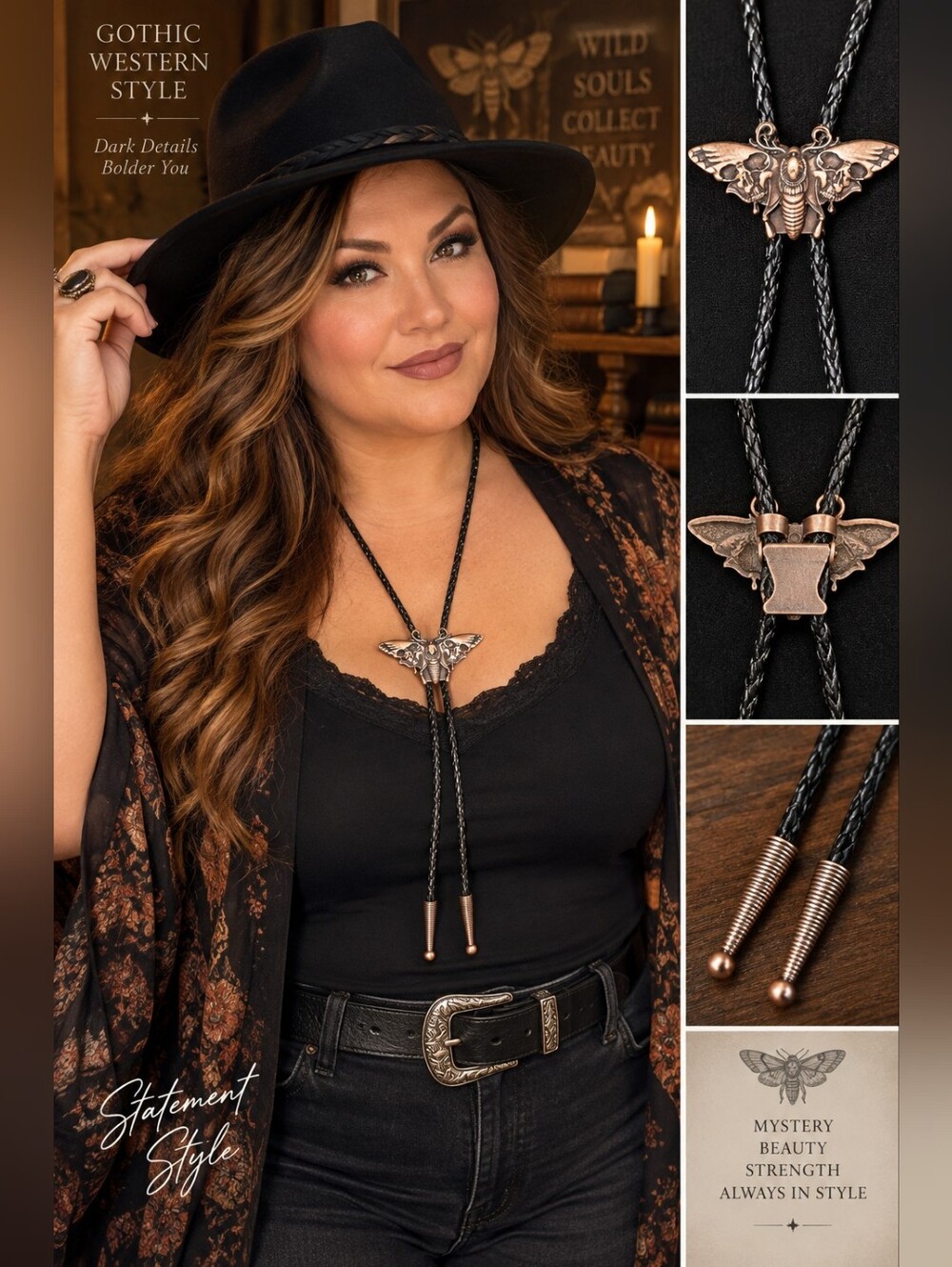 Gothic Death’s-Head Hawkmoth Bolo Tie Copper Bronze Black Braided Cord
